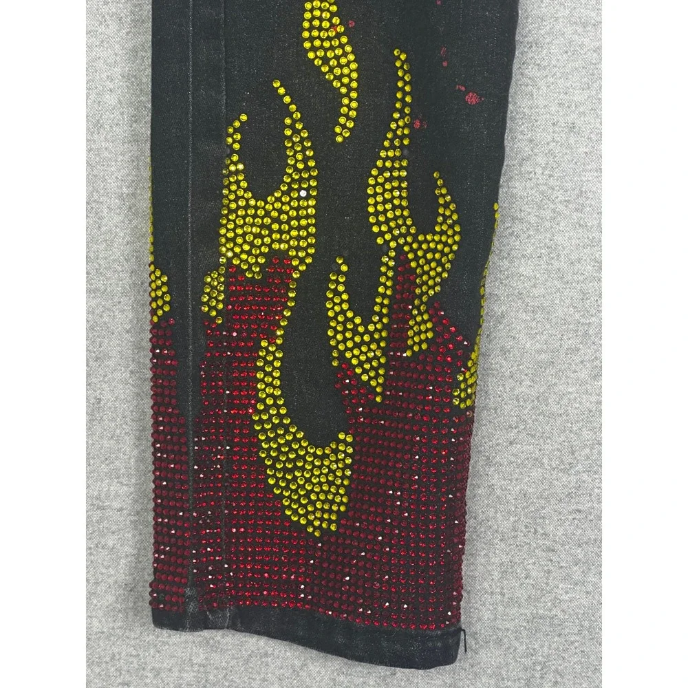 Always Lit Jeans 36x32 Black Rhinestone Jewel Flame Graphic R3bel Streetwear